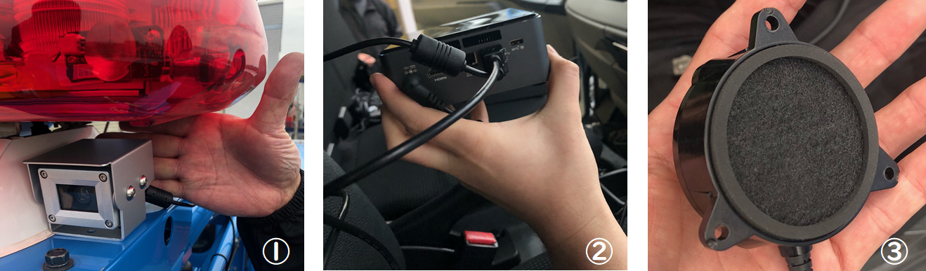 後方警戒装置の構成。車両を検出するカメラと、画像を分析して検知する小型PC、車両の接近を知らせるブザーの3点