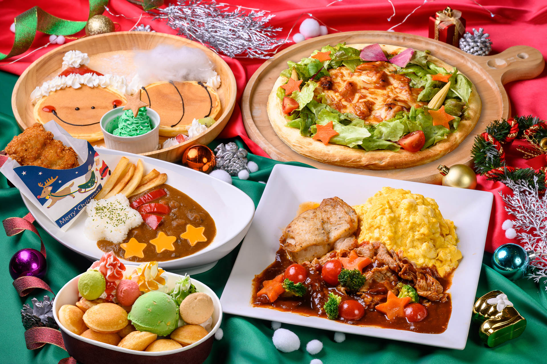 「ぶんぶんのクリスマスパンケーキ」「リース仕立てのクリスマスピザ～チキンカレー～」「グリルチキンのハヤシオムライス」などのクリスマスメニューを11月19日～12月25日の期間限定で提供