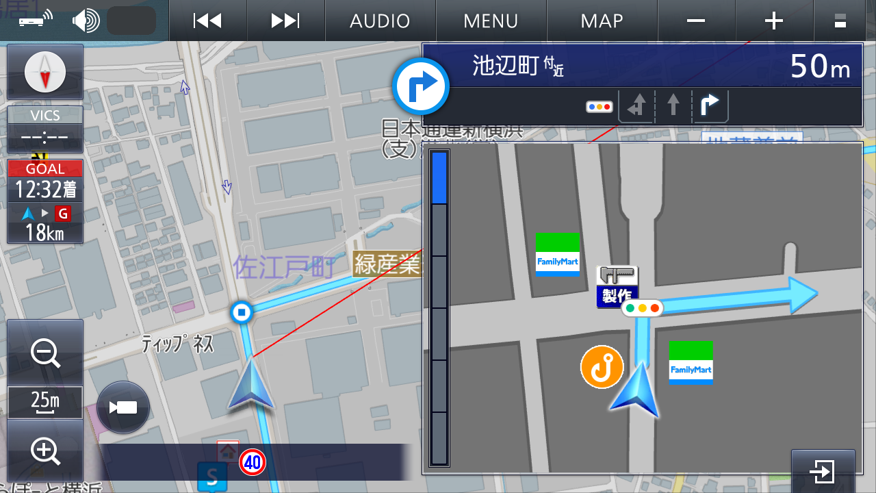 走り出してすぐに自車位置を補足し、すぐ近くの右折も分かりやすく表示された