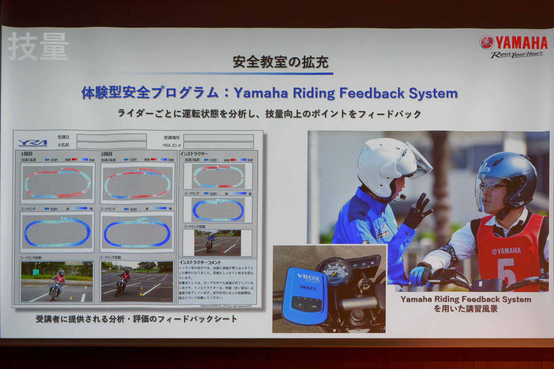 1969年から始まったという歴史の長い安全運転講習。ライディングをデータ分析できる仕組みも取り入れている