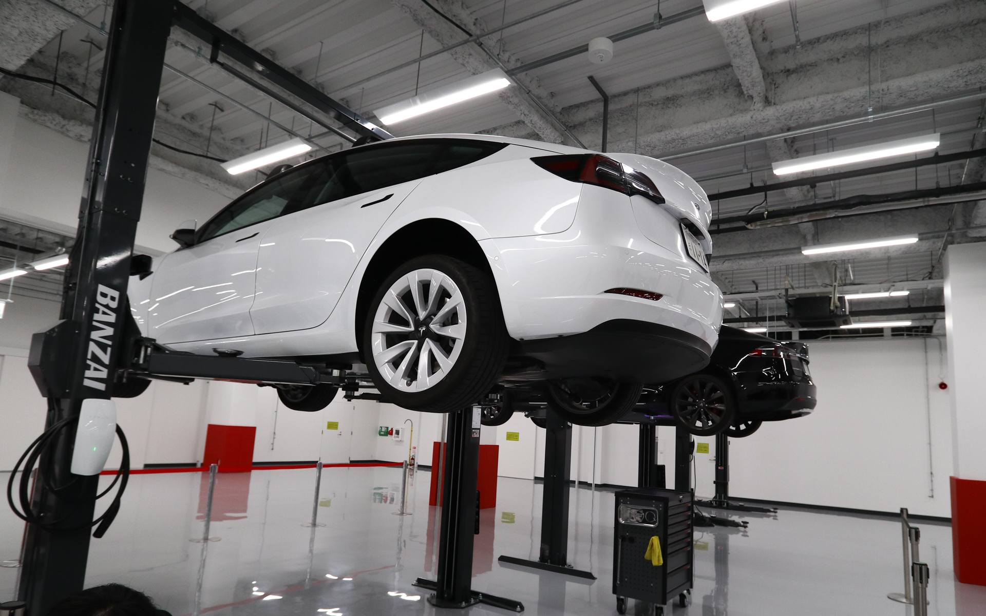 リフトアップされたモデル3（手前）とモデルS（後方）