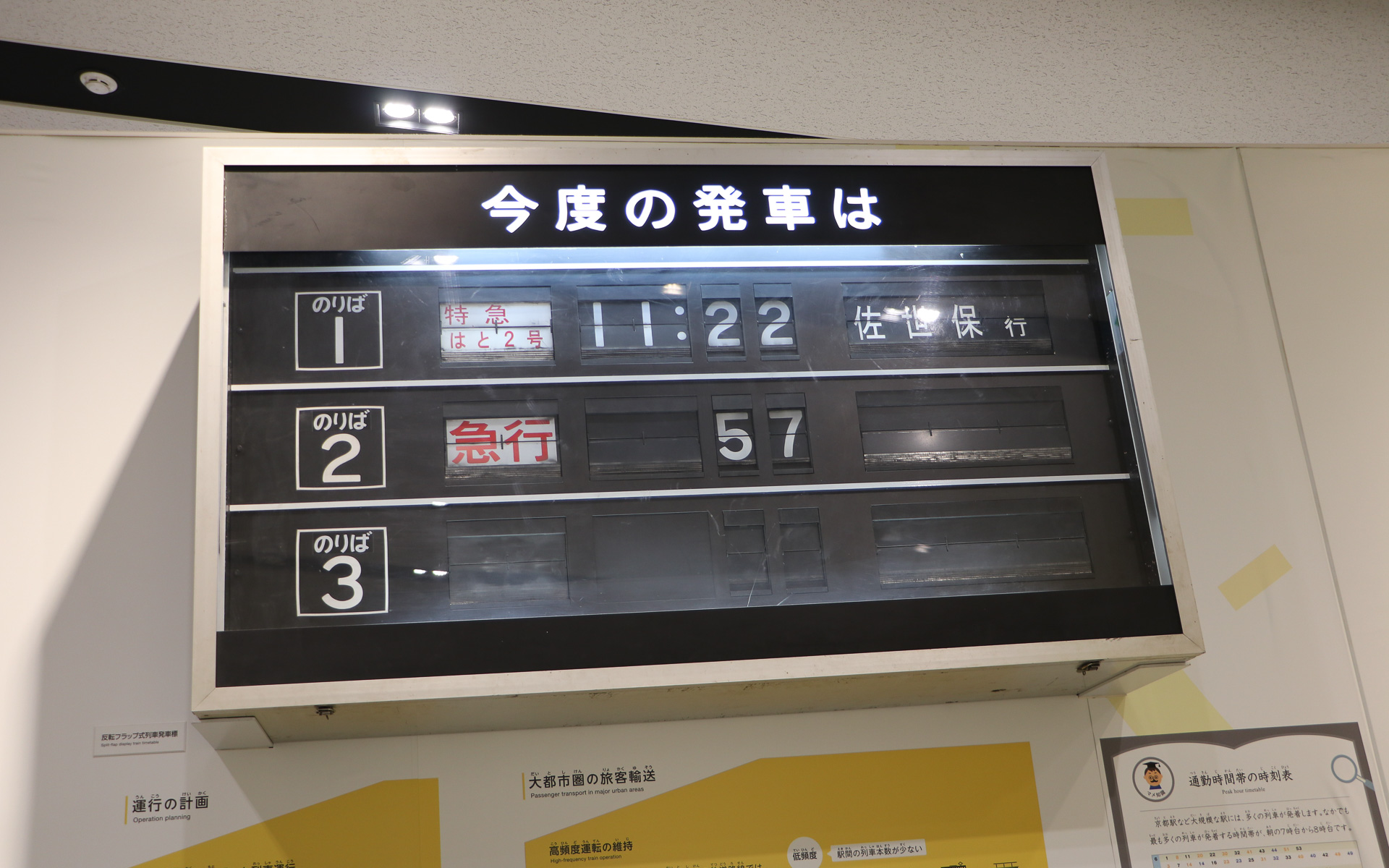 当時は手動で変更していたという回転フラップ式発車標を、実際に自分でボタンを押して表示内容を変更できる