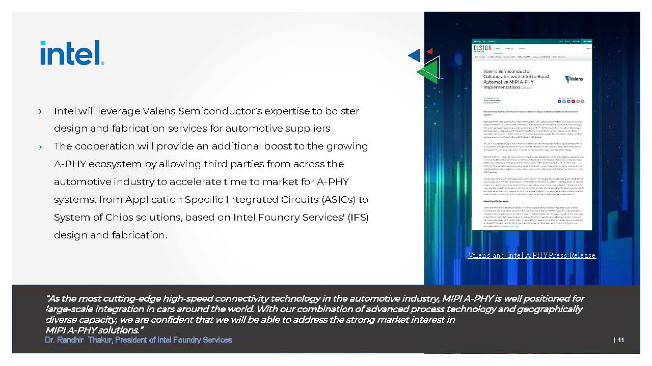 インテルがIFSで製造するファブレスメーカーにバレンスのMIPI A-PHYの技術を提供