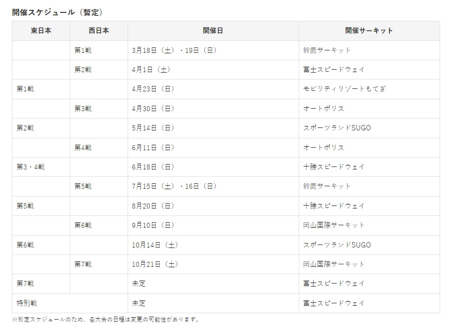TOYOTA GAZOO Racing Yaris Cup開催スケジュール（暫定）
