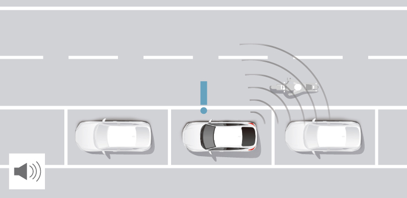 降車時車両接近警報の動作イメージ。運転席側だけでなく、助手席側もシステムが作動する