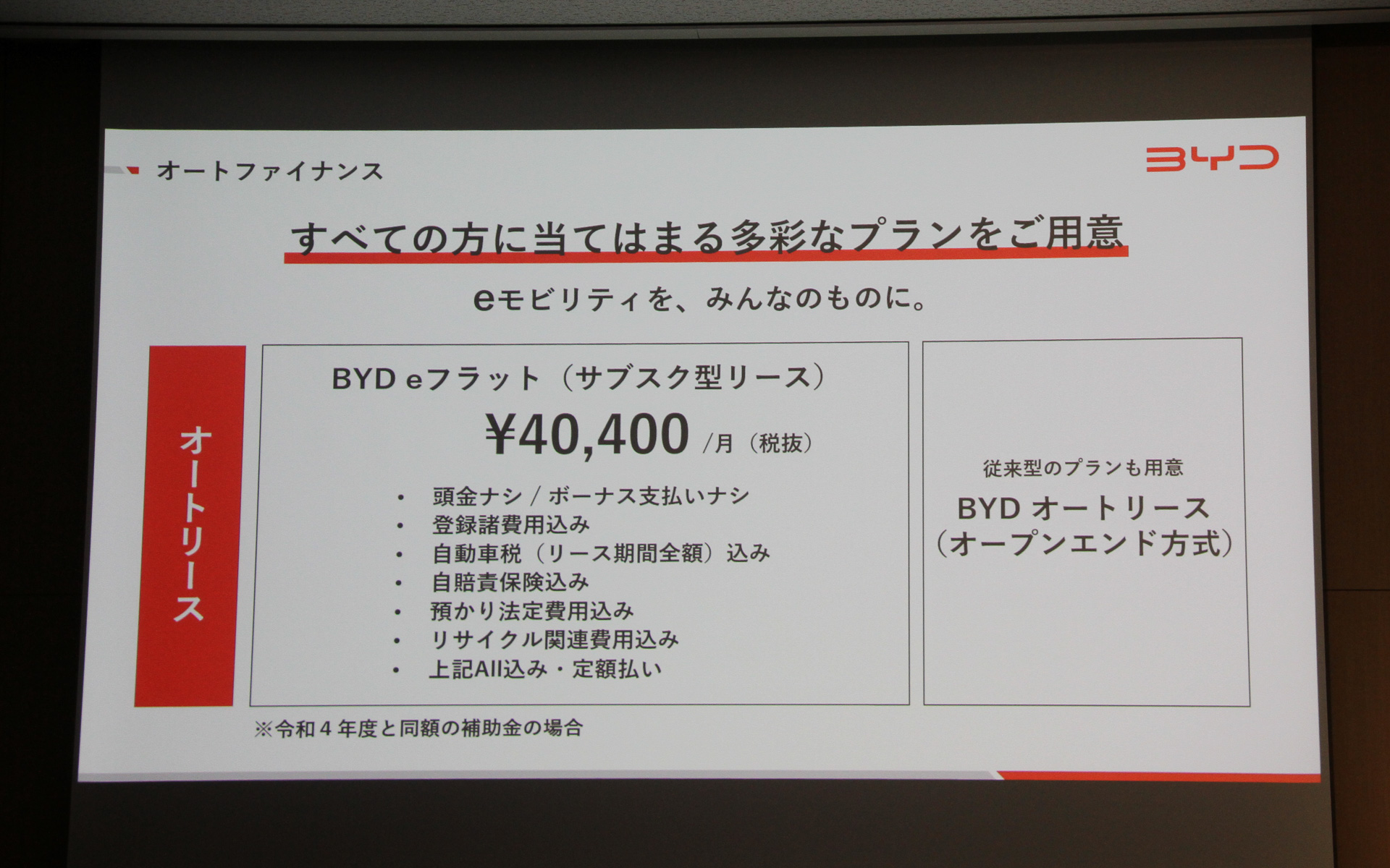 登録諸費用や自動車税など込みで毎月定額4万400円（税別）でATTO 3を購入できる4年サブスク型リースプラン「BYD eフラット」