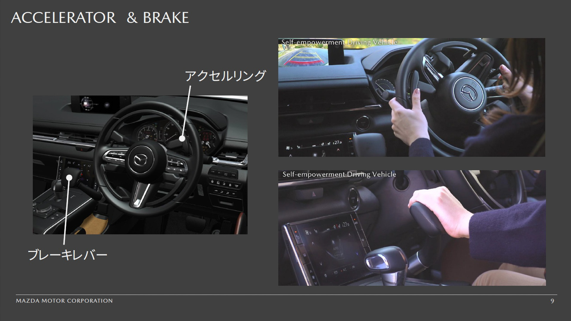 ステアリング中央のアクセルリングを押すことで加速、ブレーキレバーを押すことで減速