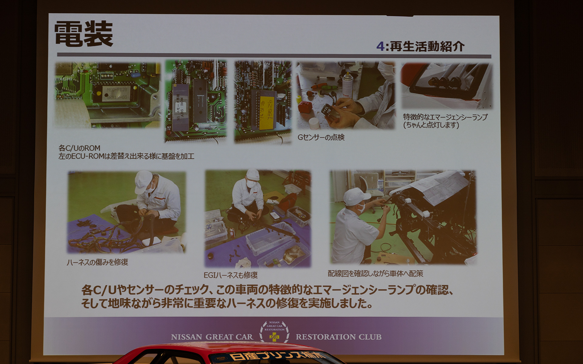 エンジンルームや車体に巡っている配線はすべて外して痛みをチェック。修復が必要な部分は直している。各センサー類やECUもチェック。ECUはノーマルに戻されていたので、基板にソケットを付けロムの書き換えなども行なっている。筆者の印象ではこのパートの作業がいちばん大変そうに思えた