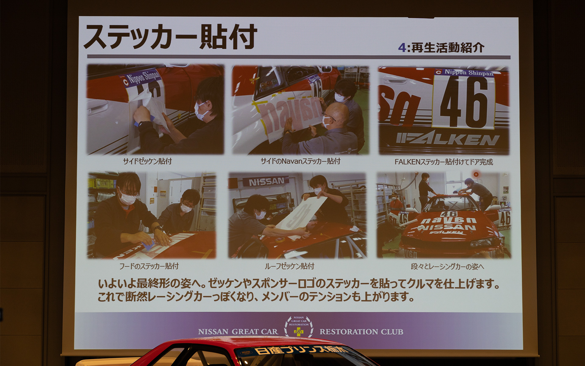 当時の資料を元に作ったゼッケンやスポンサーステッカーを貼っていく。この作業にはステッカー貼りの経験がないクラブメンバーも参加しているとのこと