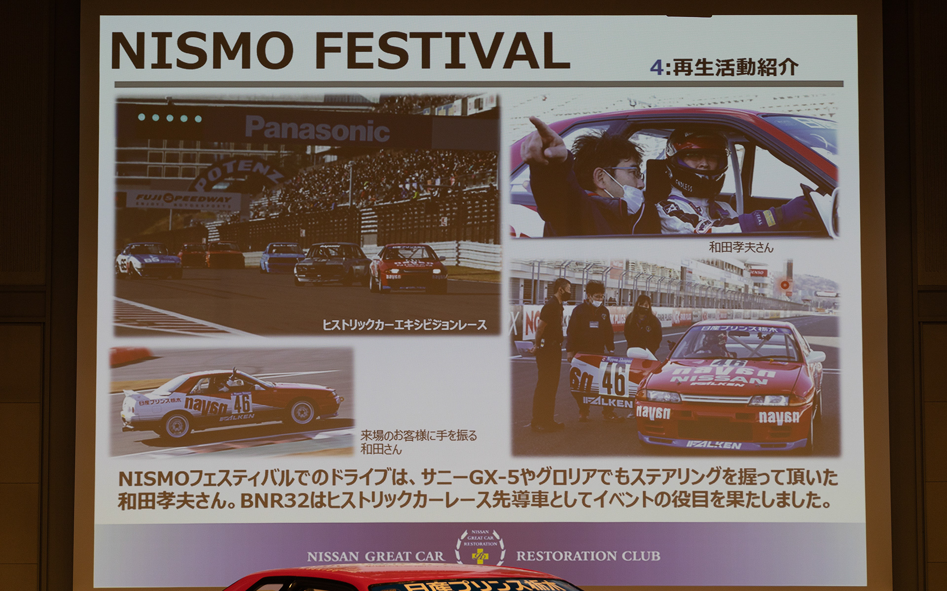 ニスモフェスティバルでの走行。ヒストリックカーエキシビションレースの先導車を務めた。ドライバーは往年の名ドライバーである和田孝夫氏。GT-Rを見たお客さんからは「見たことがないクルマだ」「きれい」など好評だったそうだ