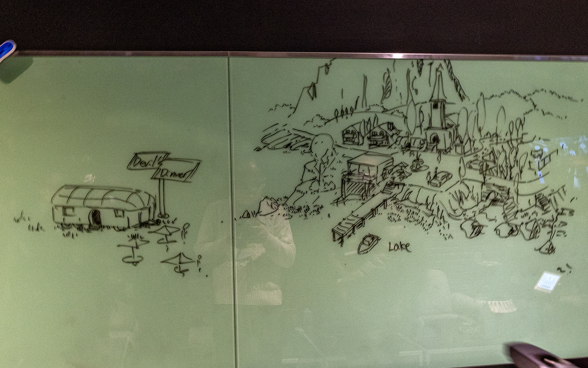 ホワイトボードに描いてあったイラストは山内氏が描いたもの。「とくに意味はなく10分で描いたもの」とのことだったが、ファンにとっては貴重なものだろう。デビルズダイナーの建物外観のイラストが左にあった