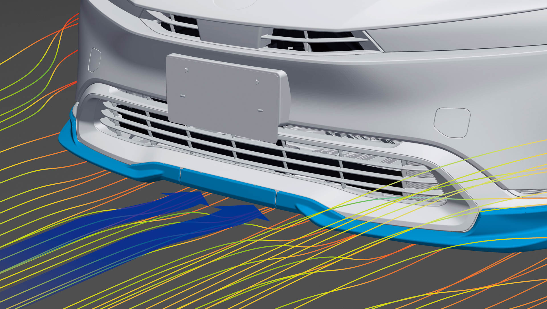 GRフロントスポイラー（6万500円）。センター部は車両下面に空気を取り込む形状とし、その両脇を進行方向に突き出した造形にすることでダウンフォースを発生。ベース車のロアグリルと幅をそろえることで一体感あるダイナミックなフロントフェイスとした