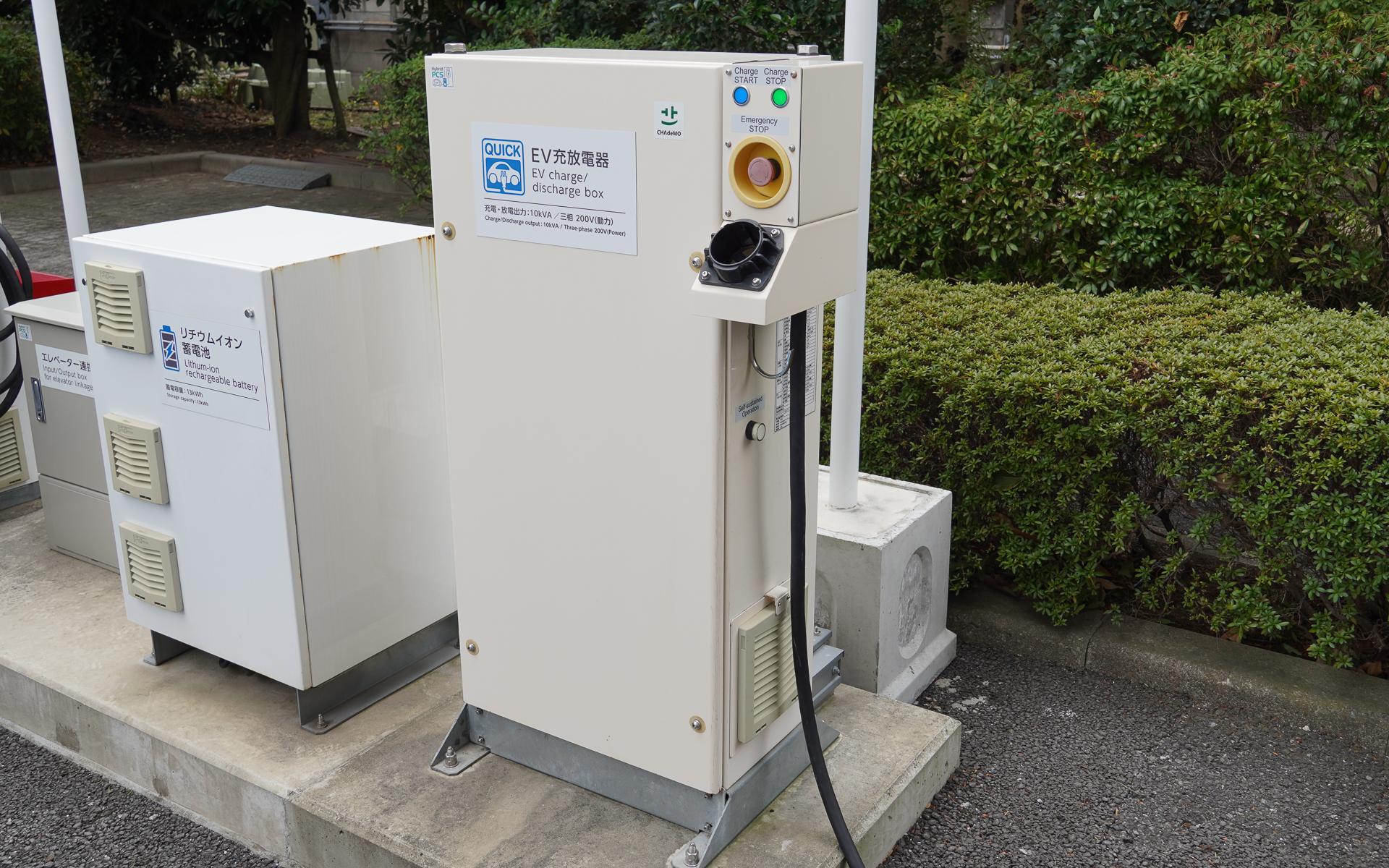 V2XシステムはEV用パワーコンディショナーでもあり、太陽光発電などとの接続も可能。ここからは三相200Vの電源が供給され、出力は10kVA