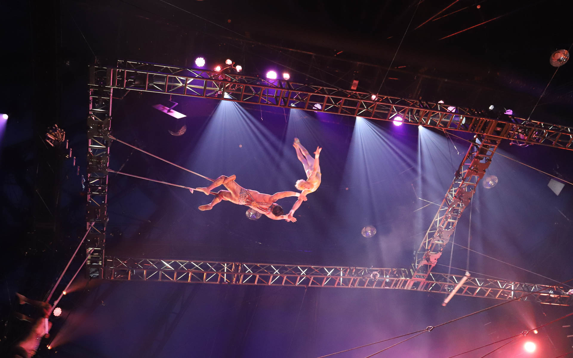 ステージ10mの高さにセットされたブランコで、膝だけ固定されたキャッチャーの腕めがけてジャンプするフライング・トラピス