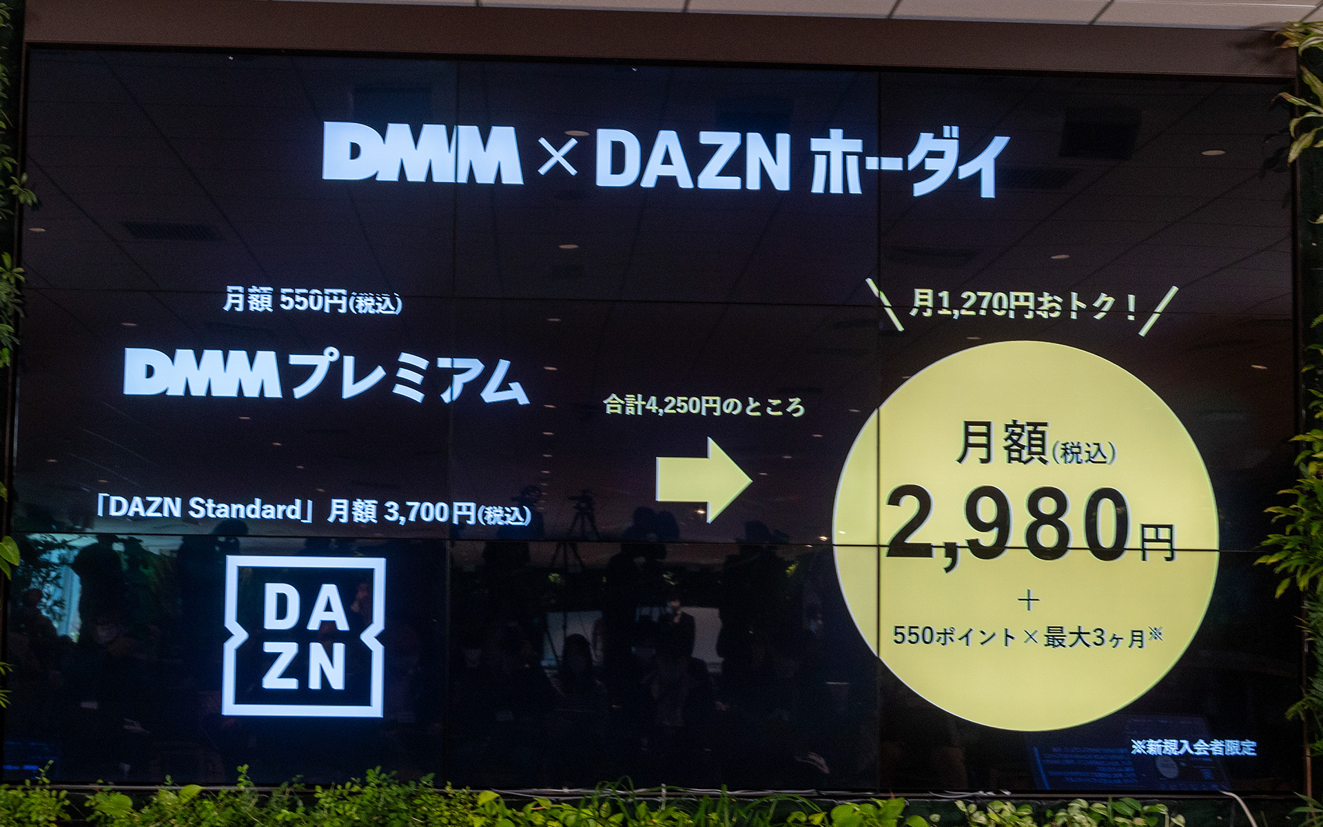 「DMMプレミアム」の新プラン、DMM×DAZNホーダイは、DMMプレミアム（単体月額は550円）とDAZNスタンダード（単体月額は3700円）のセットプランで月額2980円となる。DMM×DAZNホーダイでは年間プランの設定はない