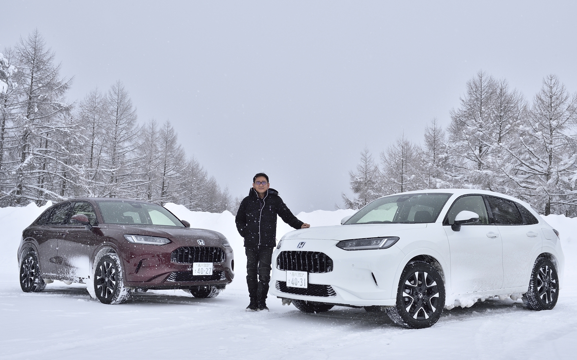 今回はスポーツe：HEVを搭載したハイブリッドモデル（いずれも上位設定のZグレード）で、FF（左）と4WD（右）を雪上で試乗。試乗日の山形県は雪が降ったり晴れたりと、いろいろな条件で試乗ができた