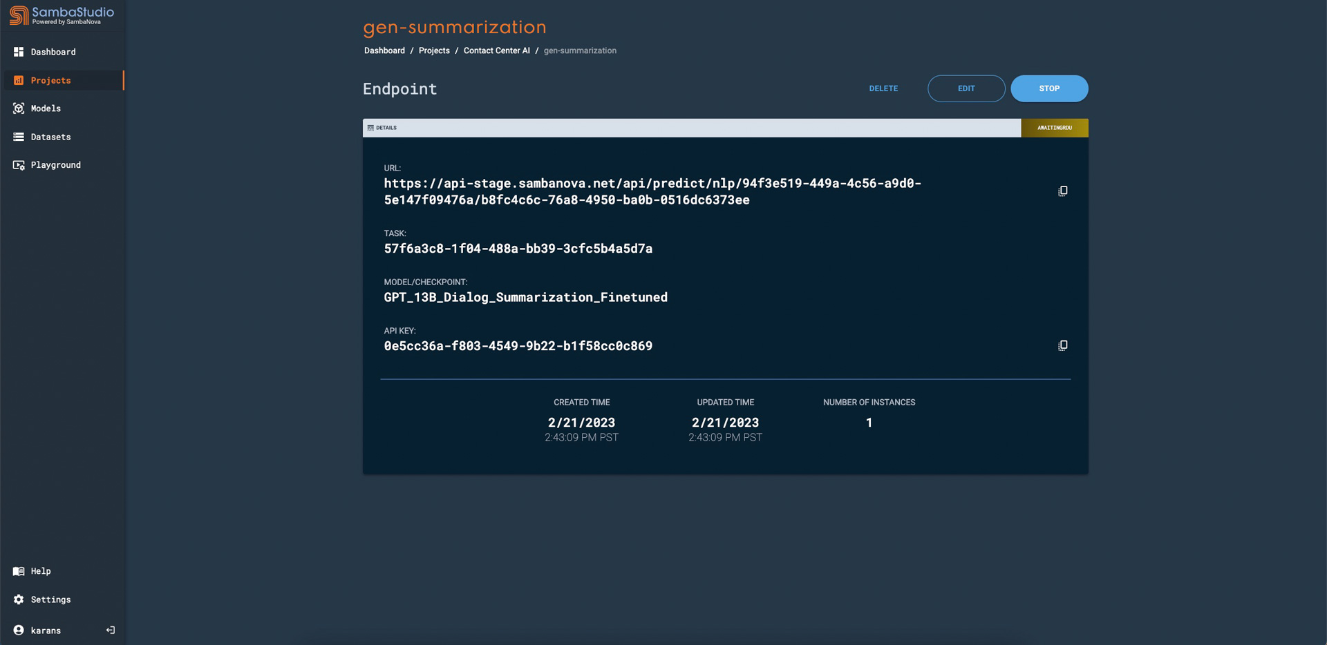 SambaNova Suiteのコンソール画面