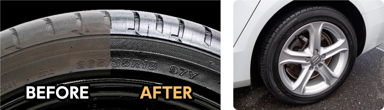 石油系溶剤不使用。嫌な臭いが少ない水性タイプで、微細なタイヤの凹凸にも入り込むブラックリキッドタイプ。ベタつかず、砂やホコリ汚れの抱き込みも防ぐ