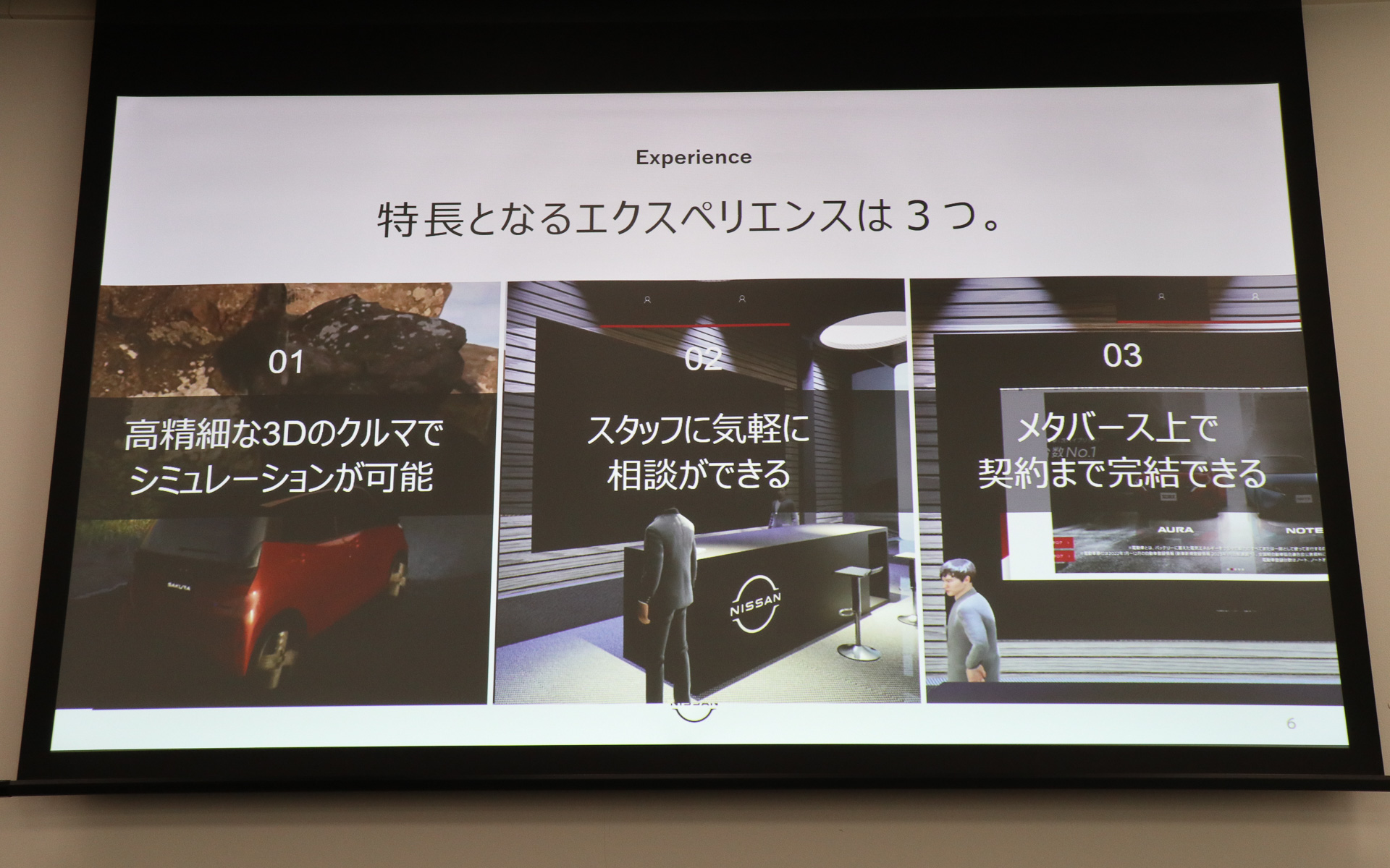 「高精細な3Dのクルマでシミュレーションが可能」「スタッフに気軽に相談できる」「メタバース上で契約まで完結できる」という3点が大きな特長
