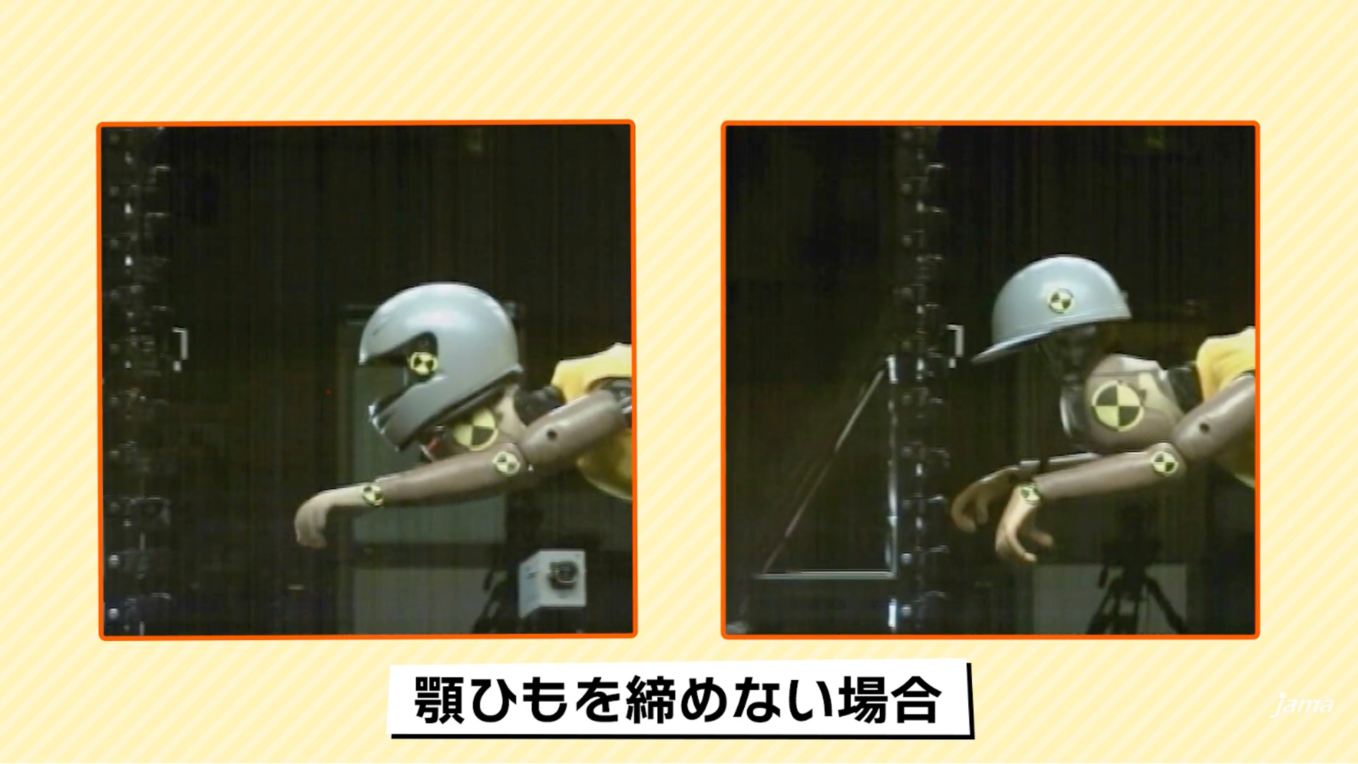 顎ひもを締めない場合、フルフェイスヘルメットでも簡単に脱落してしまう