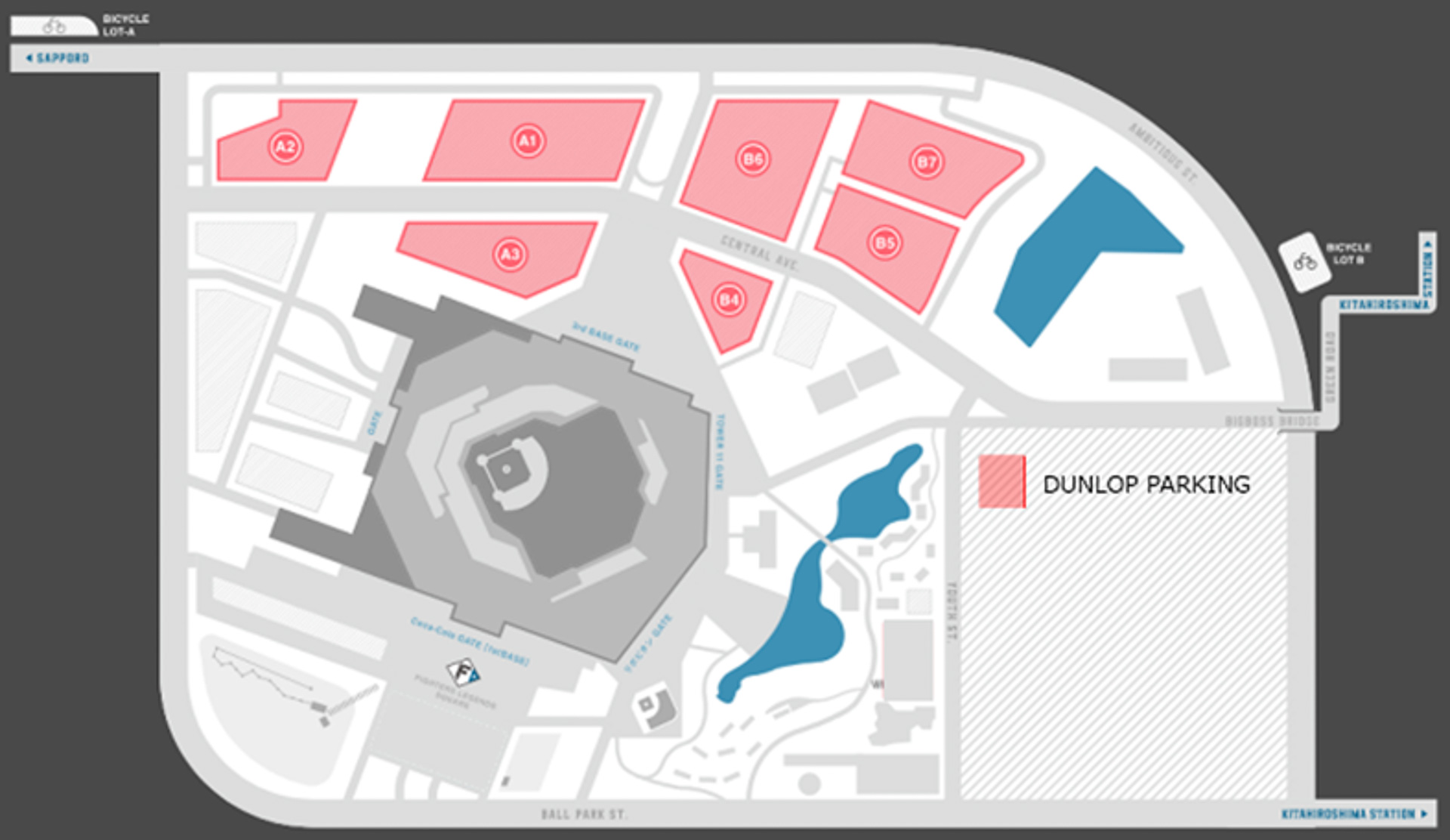 北海道ボールパークFビレッジ」の一般駐車場を「DUNLOP PARKING」は全7か所