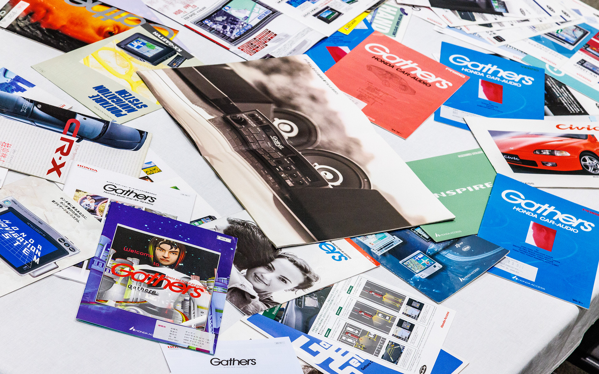 歴代のギャザズカタログ。中央の開いているカタログがデビュー時のもの