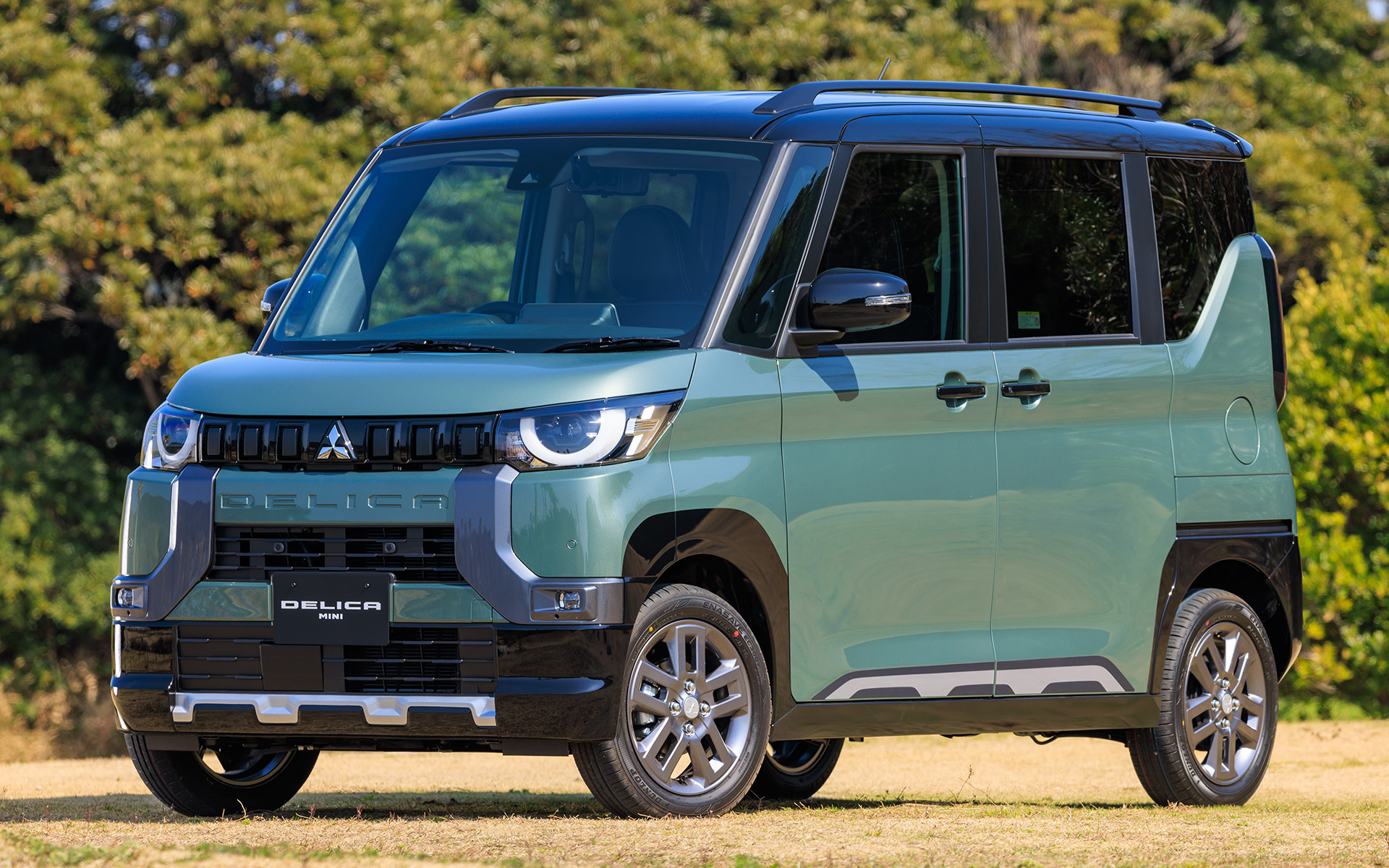 撮影車両はT Premium。ルーフレールは全車標準。ボディカラーはアッシュグリーンメタリック×ブラックマイカの2トーン。ディーラーオプションのサイドでカールが装着されている