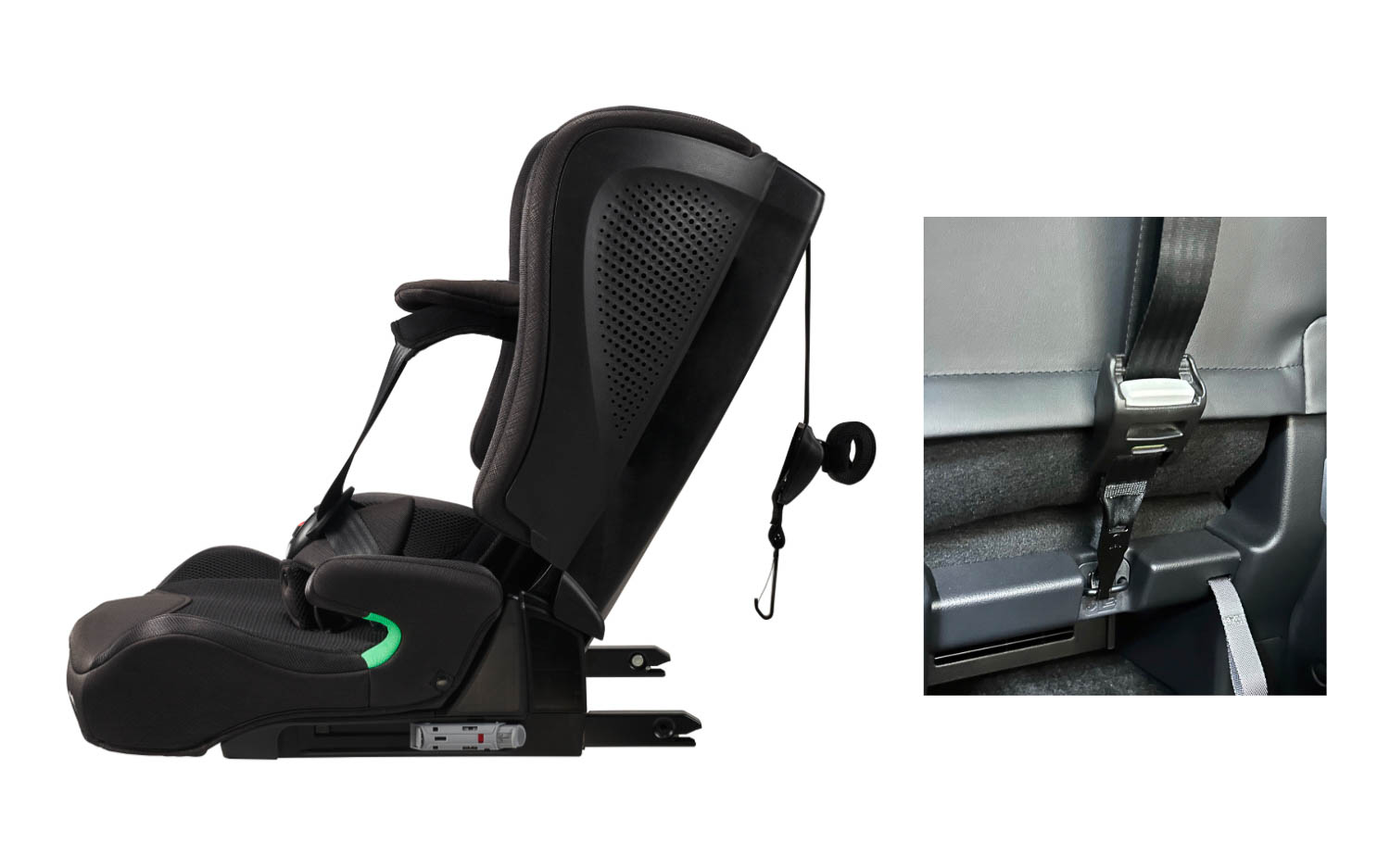 左右独立ISOFIXコネクターのほか、テザーベルト（チャイルドシートモードのみ使用）で簡単かつ確実に取り付け可能