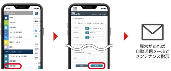 スマホなどで車両点検状況を確認できる