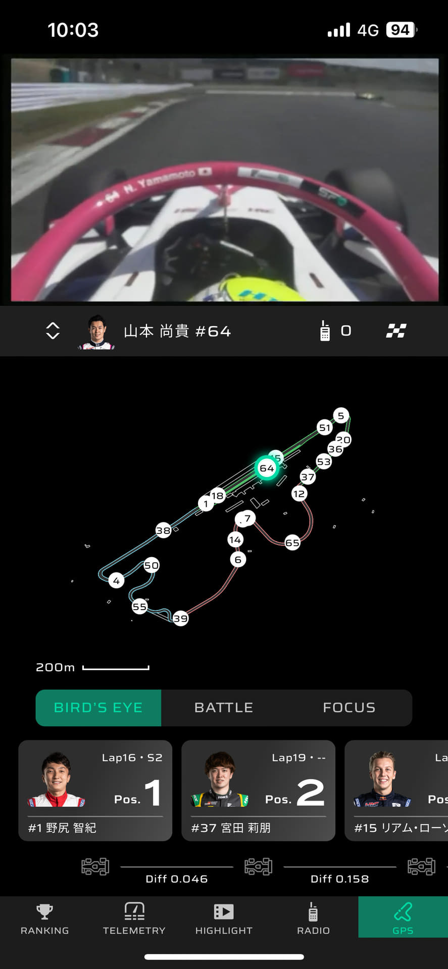 選択したドライバー以外のドライバーの位置もバードビューで確認できる