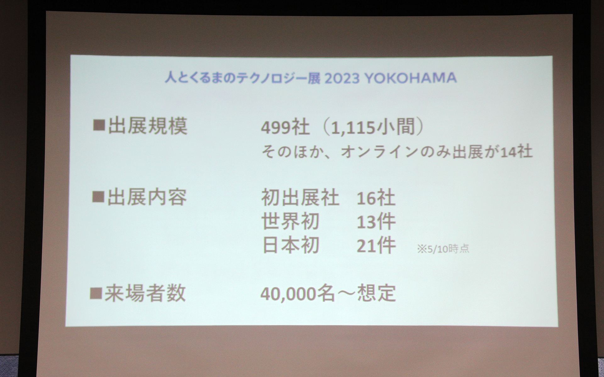 「人とくるまのテクノロジー展2023 YOKOHAMA」には499社（1115小間。5月9日現在）が出展し、来場者数は3日間で約4万名を見込む