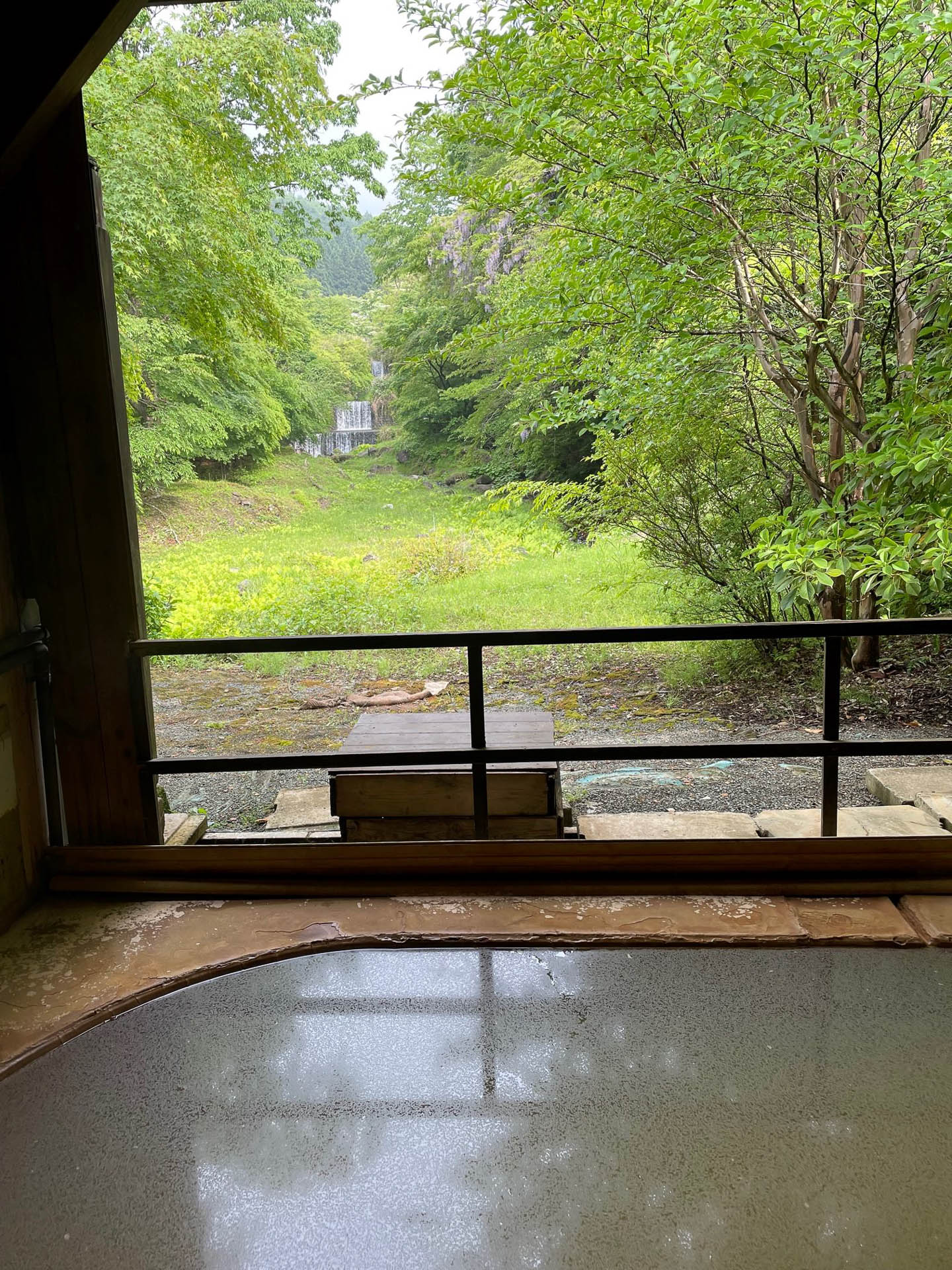 露天風呂は茶色の濁り湯がまた魅力。借景には滝が見え、藤がキレイでした。