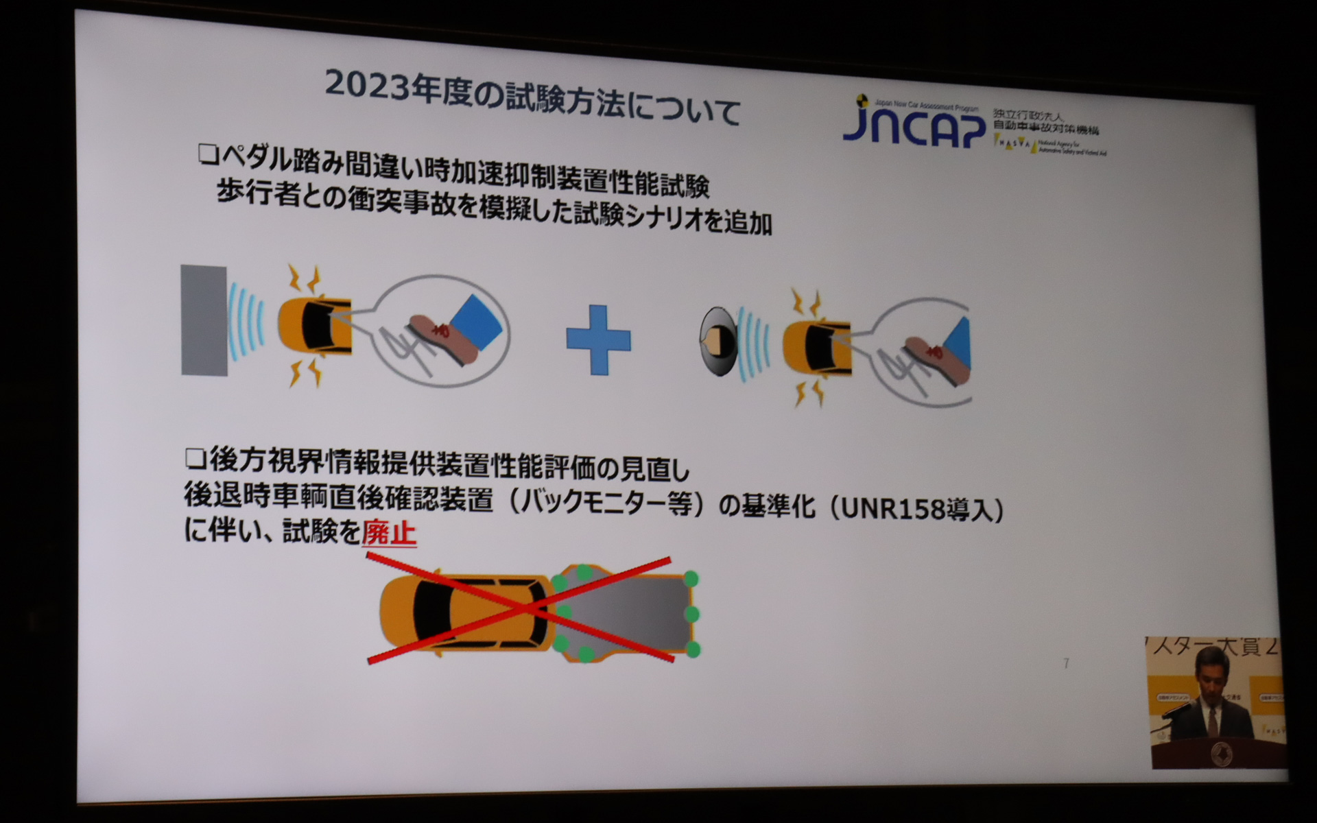 次年度の2023年度には「ペダル踏み間違い時加速抑制装置」の性能試験に、歩行者を対象とした試験シナリオを追加する