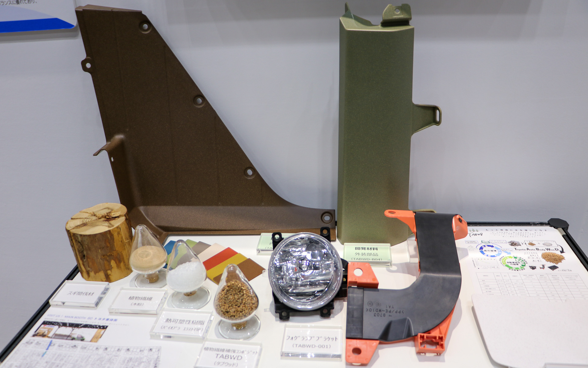 実際に植物材料の入ったプラスチック製品を展示している