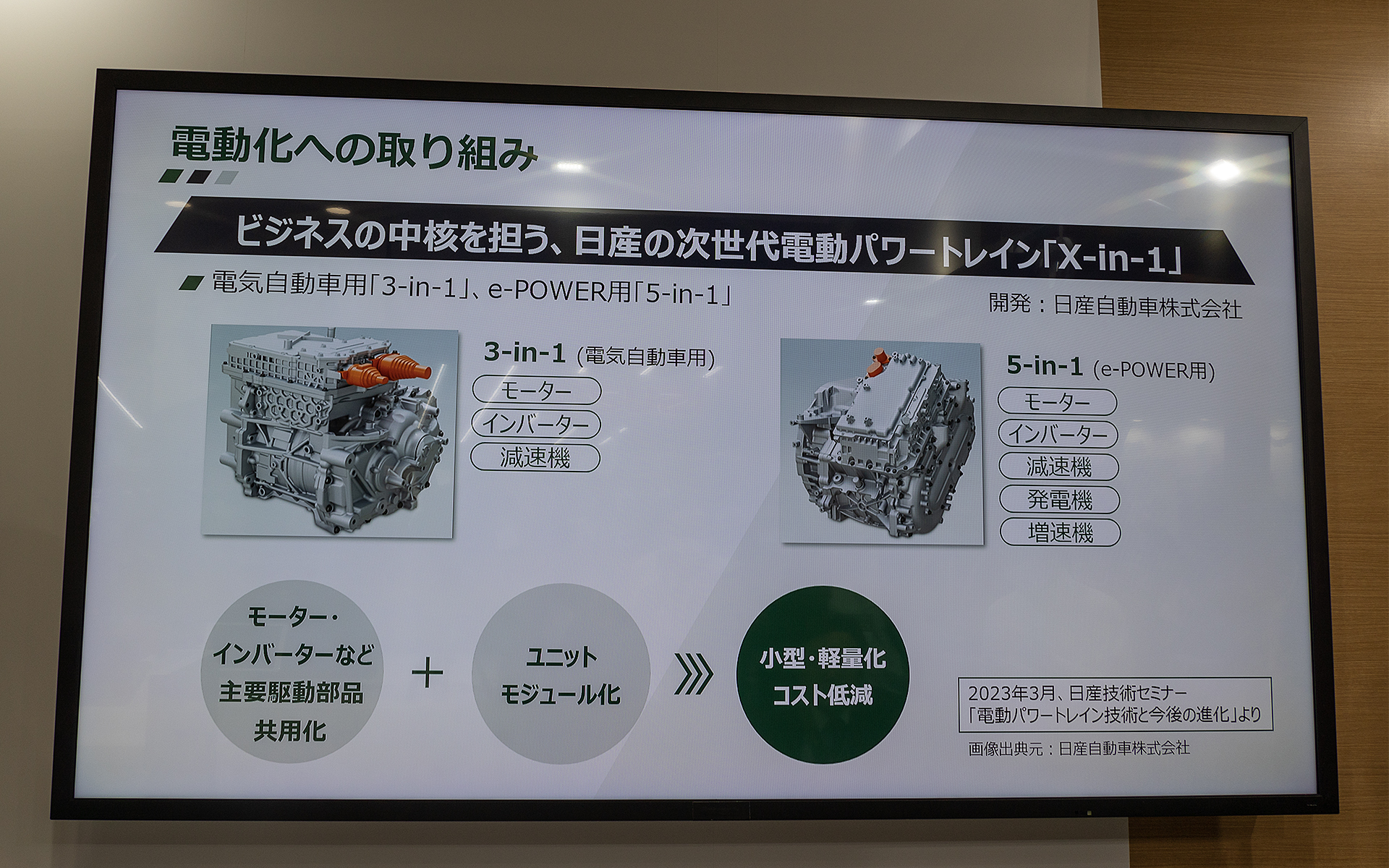 日産自動車用に開発した次世代電動パワートレーン「X-in-1」は、モーターやインバータなどを統合して1つのユニットにする技術