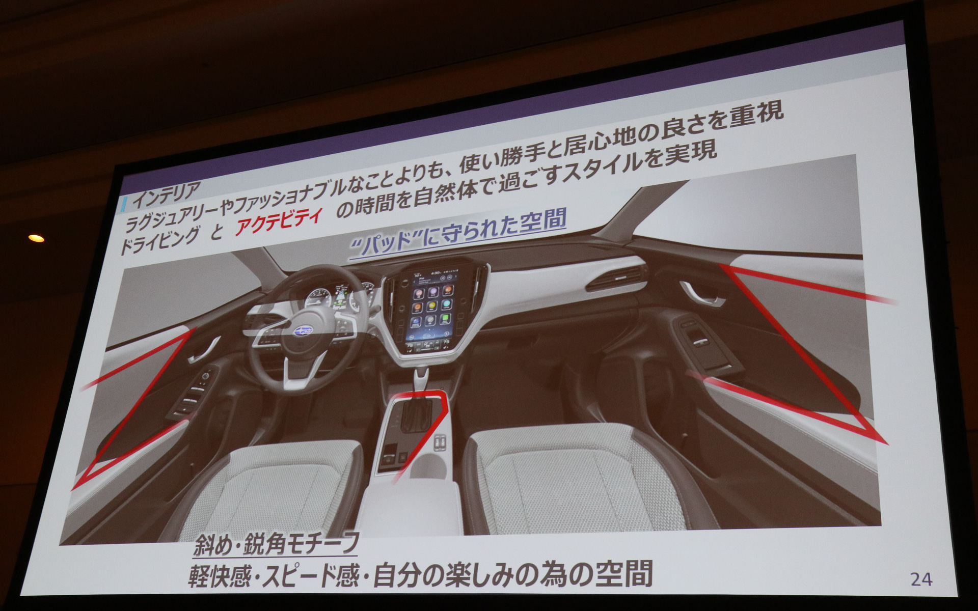 インテリアではパッド類と鋭角モチーフで個性化を図る