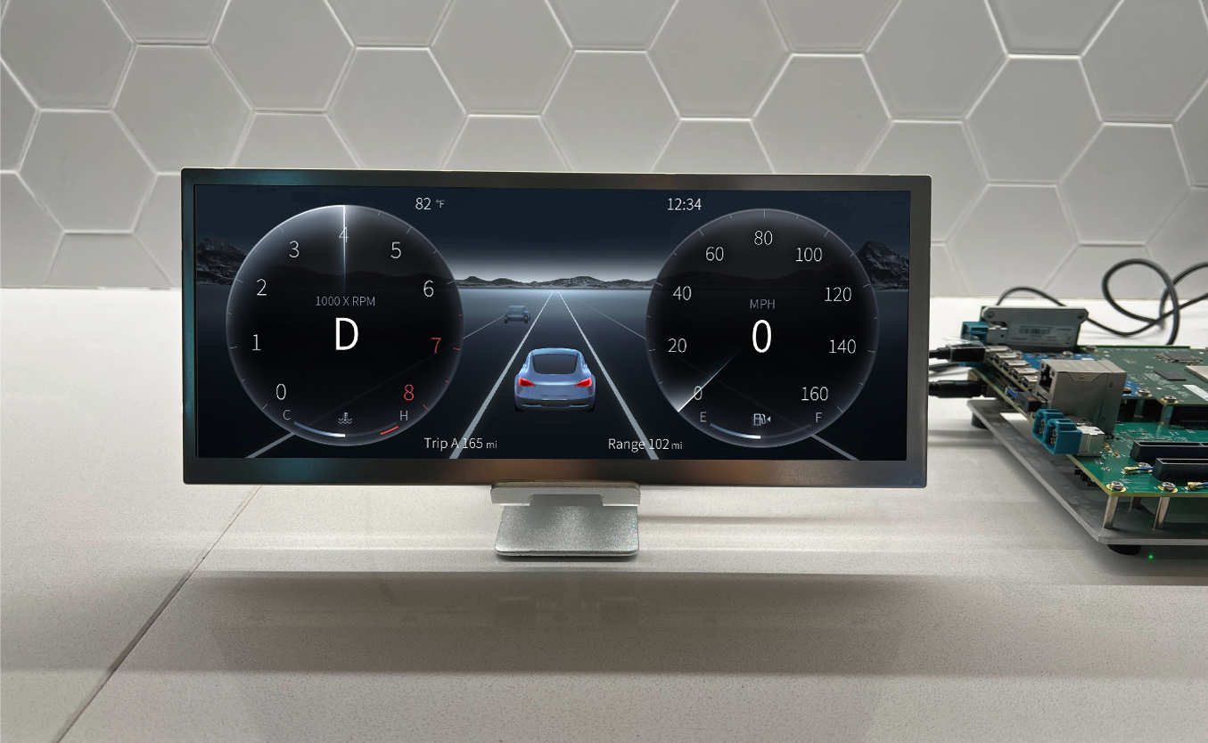 Unityで作成したHMIのデモンストレーション。メーター表示の中央には現在走行中の様子が滑らかな3Dで表示される