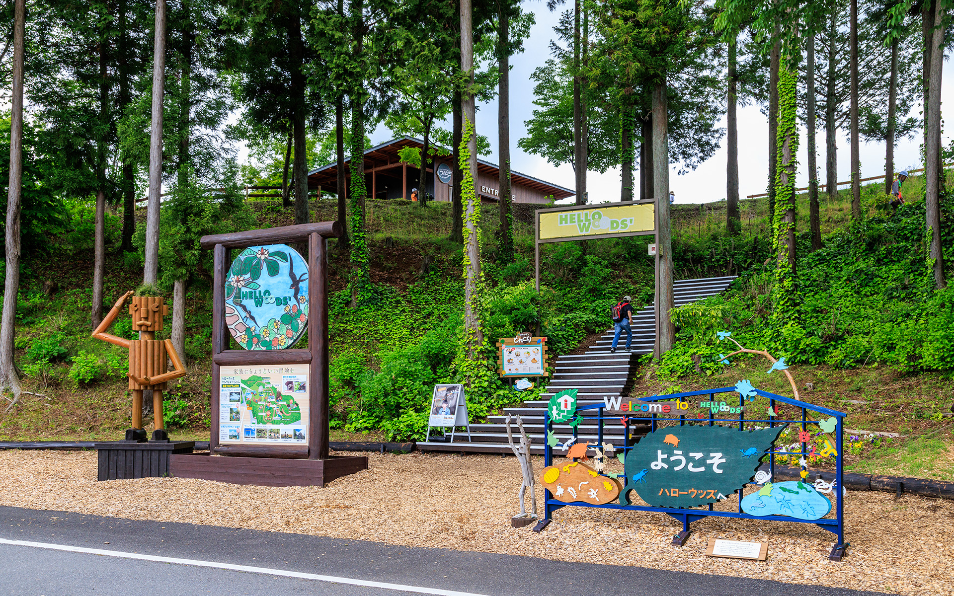 ハローウッズの玄関。敷地内の通路に敷き詰められているウッドチップは間伐材を再利用したもの