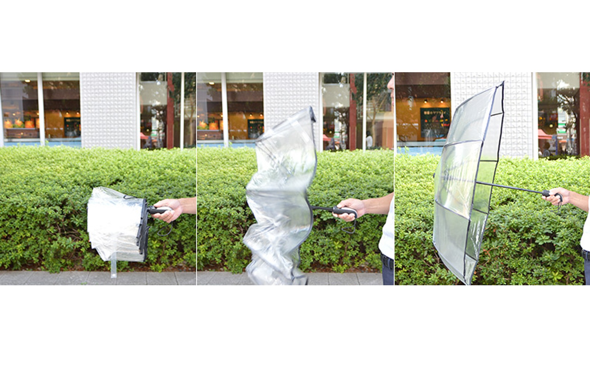 サンコーがボタン1つで自動開閉できる折りたたみビニール傘「クリアンブレラ」を発売した