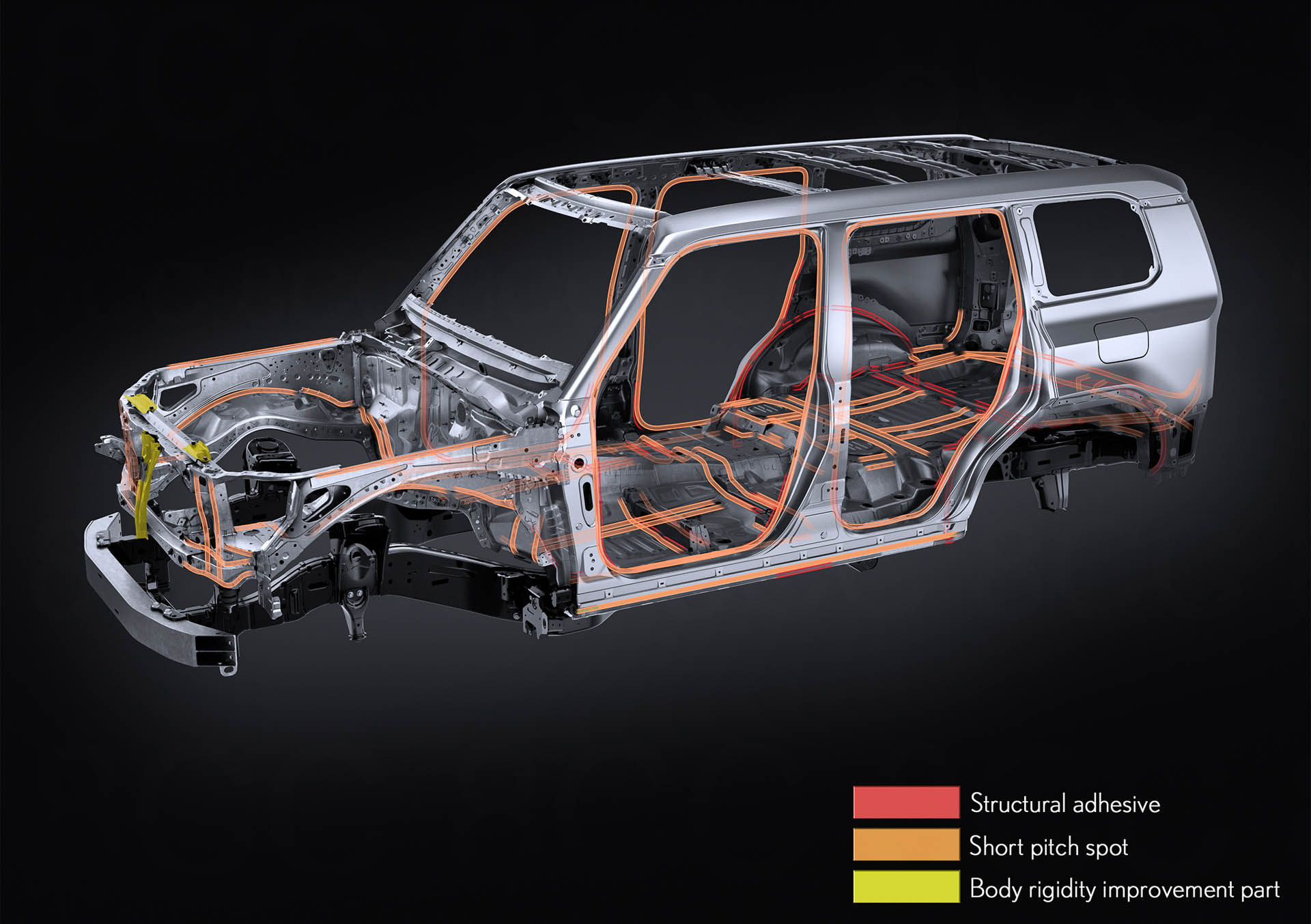 走行時の安定した車両姿勢や優れた乗り心地などを実現するために、ドア開口部とロッカー下端のスポット溶接打点を増やしつつ、板金合わせ部分やフロアなどに構造用接着剤を使用。ラジエータサポート上部にクロスブレースを採用するほか、フードロックまわりの剛性向上のために専用のリインフォースを追加。リアまわりではCピラー根元付近とホイールハウスをブレースで結合し、車両前後のバランスを整えることでドライバーの意図に忠実な走りを実現した