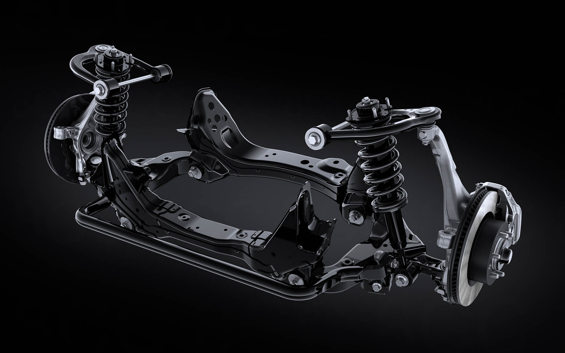 オフロード走破性とオンロードの操縦安定性を高次元で両立するサスペンションを採用。フロントはハイマウントダブルウイッシュボーン式サスペンションとし、安定した車両姿勢を実現するサスペンションジオメトリも徹底的に追求。従来型に対し、コイルスプリングのばね定数の最適化や、キャスタートレールの拡大、キングピンオフセット低減などを行なうことで、直進、旋回、制動時の高い車両安定性を確保し、快適な走行を提供する。リアは、ラテラルコントロールアーム付き4リンクリジッドサスペンションを採用し、サスペンションアーム、ショックアブソーバー配置と特性を作り込み、車軸の動きをコントロールし、制動時の車両安定性を高めている。ショックアブソーバーには伸縮独立バルブとFCD（Friction Control Device ）を設定するとともに、サスペンション周辺部品の締結トルクアップにより、締結部剛性を向上。サスペンション特性を最適化しつつ、剛性を向上させ、優れた車両安定性と乗り心地を両立した