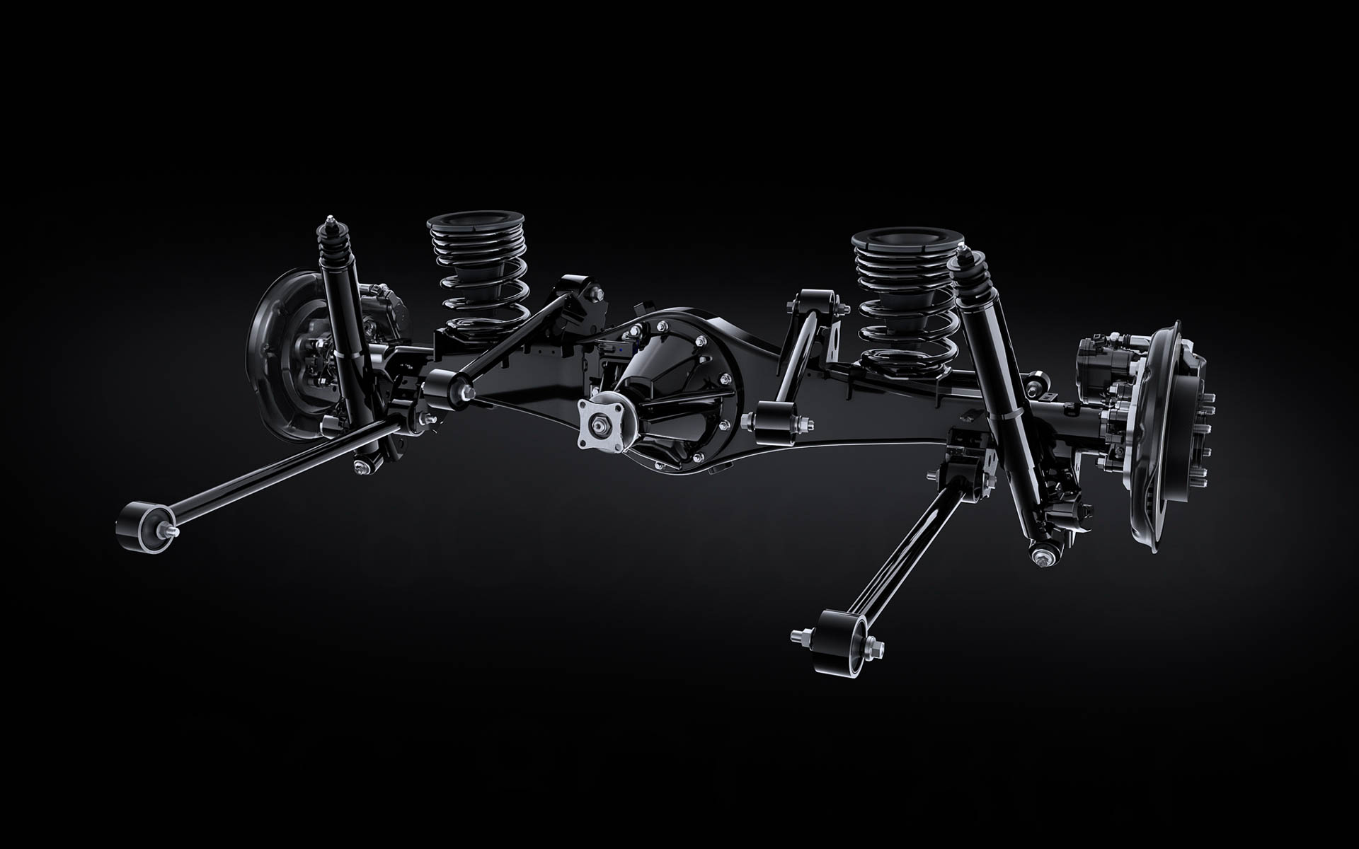 オフロード走破性とオンロードの操縦安定性を高次元で両立するサスペンションを採用。フロントはハイマウントダブルウイッシュボーン式サスペンションとし、安定した車両姿勢を実現するサスペンションジオメトリも徹底的に追求。従来型に対し、コイルスプリングのばね定数の最適化や、キャスタートレールの拡大、キングピンオフセット低減などを行なうことで、直進、旋回、制動時の高い車両安定性を確保し、快適な走行を提供する。リアは、ラテラルコントロールアーム付き4リンクリジッドサスペンションを採用し、サスペンションアーム、ショックアブソーバー配置と特性を作り込み、車軸の動きをコントロールし、制動時の車両安定性を高めている。ショックアブソーバーには伸縮独立バルブとFCD（Friction Control Device ）を設定するとともに、サスペンション周辺部品の締結トルクアップにより、締結部剛性を向上。サスペンション特性を最適化しつつ、剛性を向上させ、優れた車両安定性と乗り心地を両立した