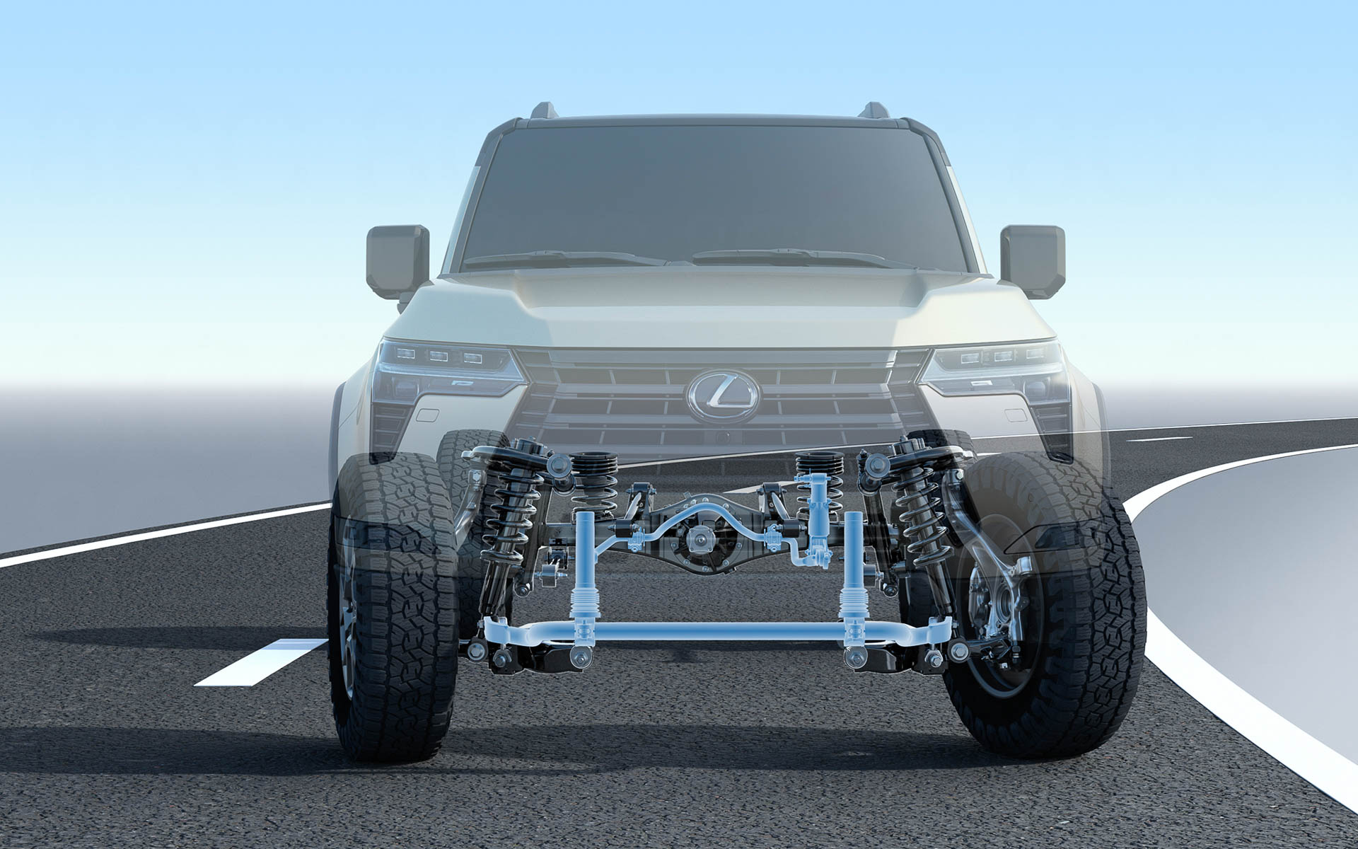 レクサス初採用のE-KDSSにより、オンロードの操縦安定性とオフロードの走破性を高次元で両立。前後の電動式スタビライザーを独立制御し、路面状況や前後輪それぞれの状況に応じてより細かくスタビライザーの効果を変化。新開発のサスペンションと組み合わせることで、従来型を超えるホイールアーティキュレーションを実現し、岩石路やモーグル路などにおける路面追従性を向上させ、伝統のオフロード走破性に磨きをかけている