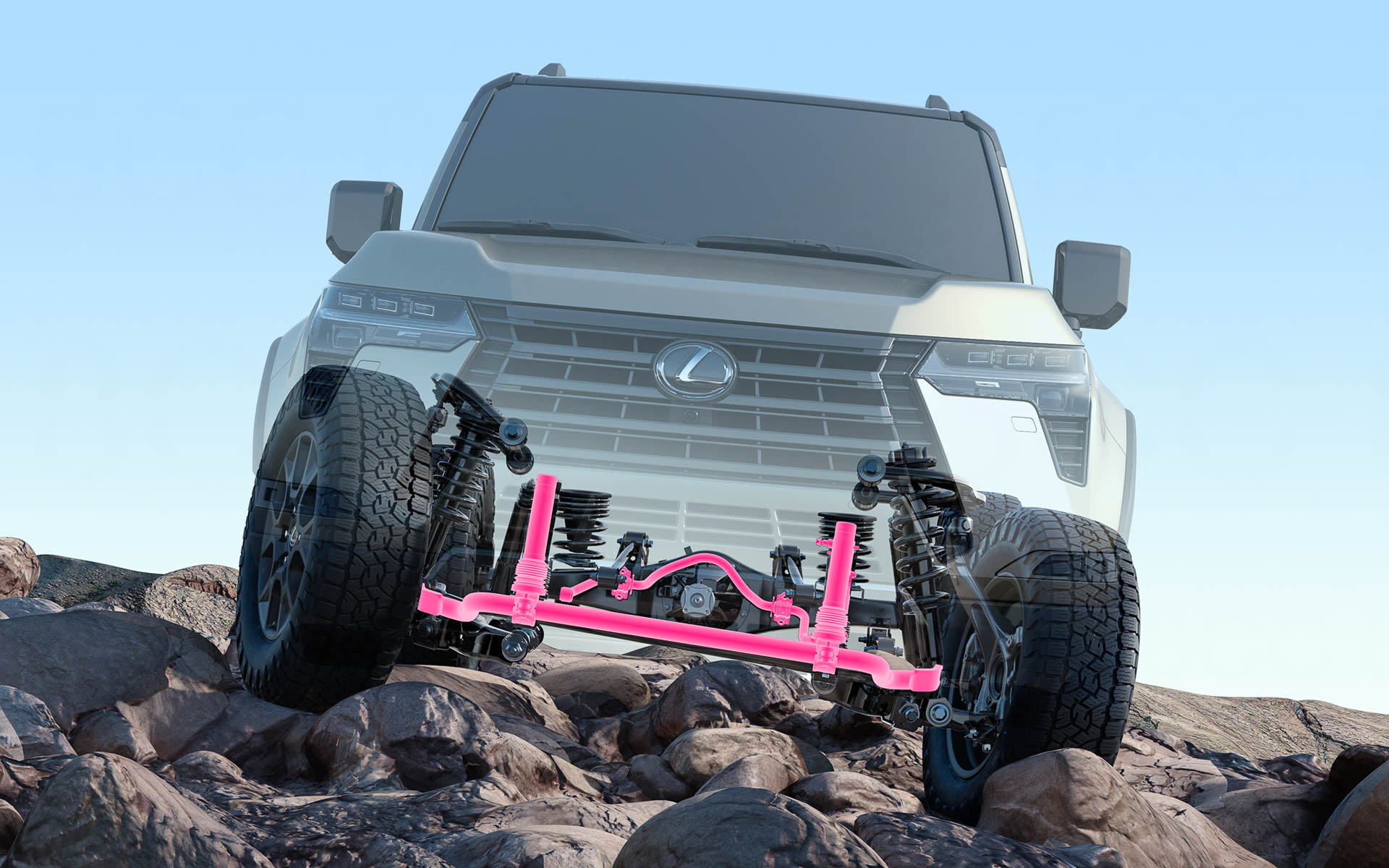 レクサス初採用のE-KDSSにより、オンロードの操縦安定性とオフロードの走破性を高次元で両立。前後の電動式スタビライザーを独立制御し、路面状況や前後輪それぞれの状況に応じてより細かくスタビライザーの効果を変化。新開発のサスペンションと組み合わせることで、従来型を超えるホイールアーティキュレーションを実現し、岩石路やモーグル路などにおける路面追従性を向上させ、伝統のオフロード走破性に磨きをかけている