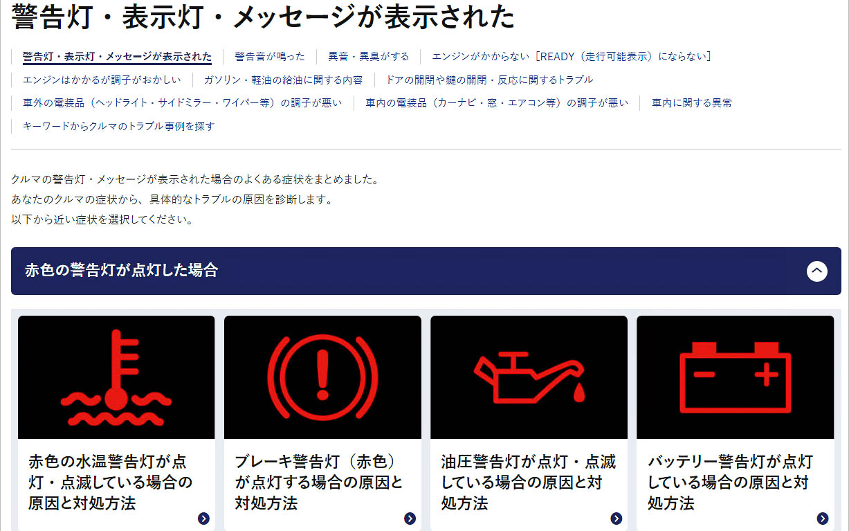 警告灯などのトラブルの症状などは、イラストを表示