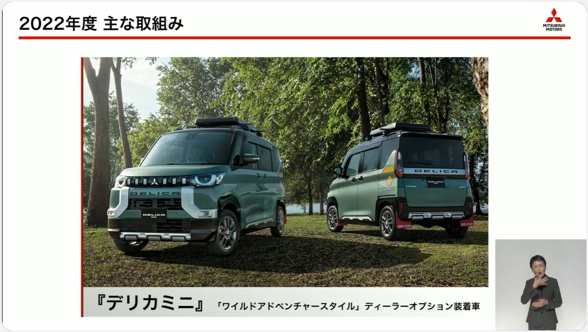 2022年度にはバッテリEVの「eKクロス EV」「ミニキャブ・ミーブ」を発売し、新型軽スーパーハイトワゴンの「デリカミニ」は5月の発売までに約1万6000台を受注