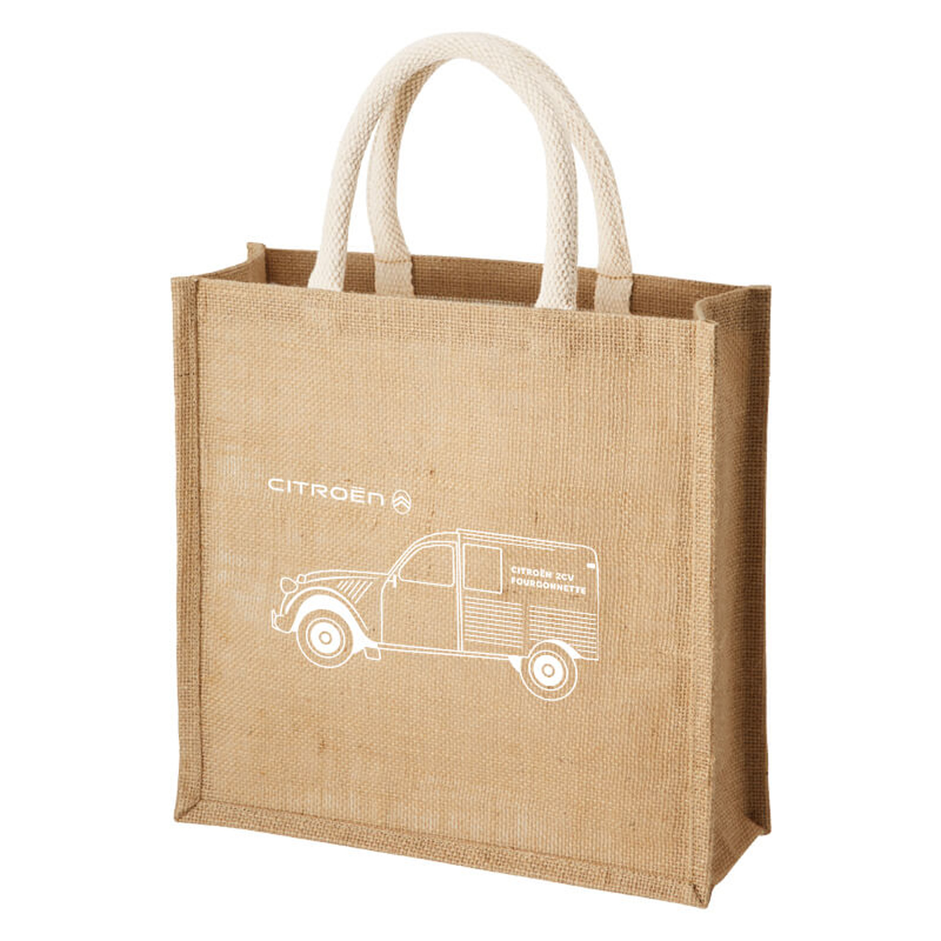 「シトロエンオリジナル　ジュートバッグ」は地球にやさしい天然麻素材を使用した スクエア形状のトートバッグに、シトロエンの小型商用車の元祖2CV FOURGONNETTE（フルゴネット）をプリント（在庫がなくなり次第終了）