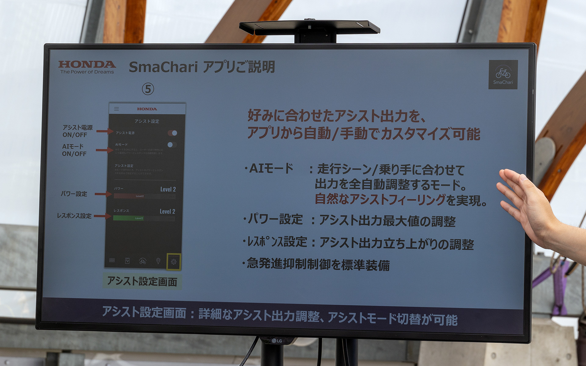 アシスト設定画面。アシストのオンオフ、AIモードのオンオフのほか、アシストの最大値の調整を行えるパワー設定に出力の立ち上がり特性を調整できるレスポンス設定もある。さらにスタート時に急にパワーが立ち上がることで意図しない急発進がおこらないよう、急発進抑制制御も装備している