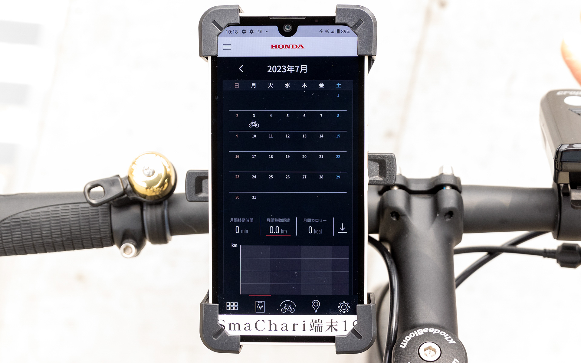 こちらは走行ログ管理の画面。eバイクで走行した日にマークが付き、走行時間、距離、消費カロリーの積算値が表示される