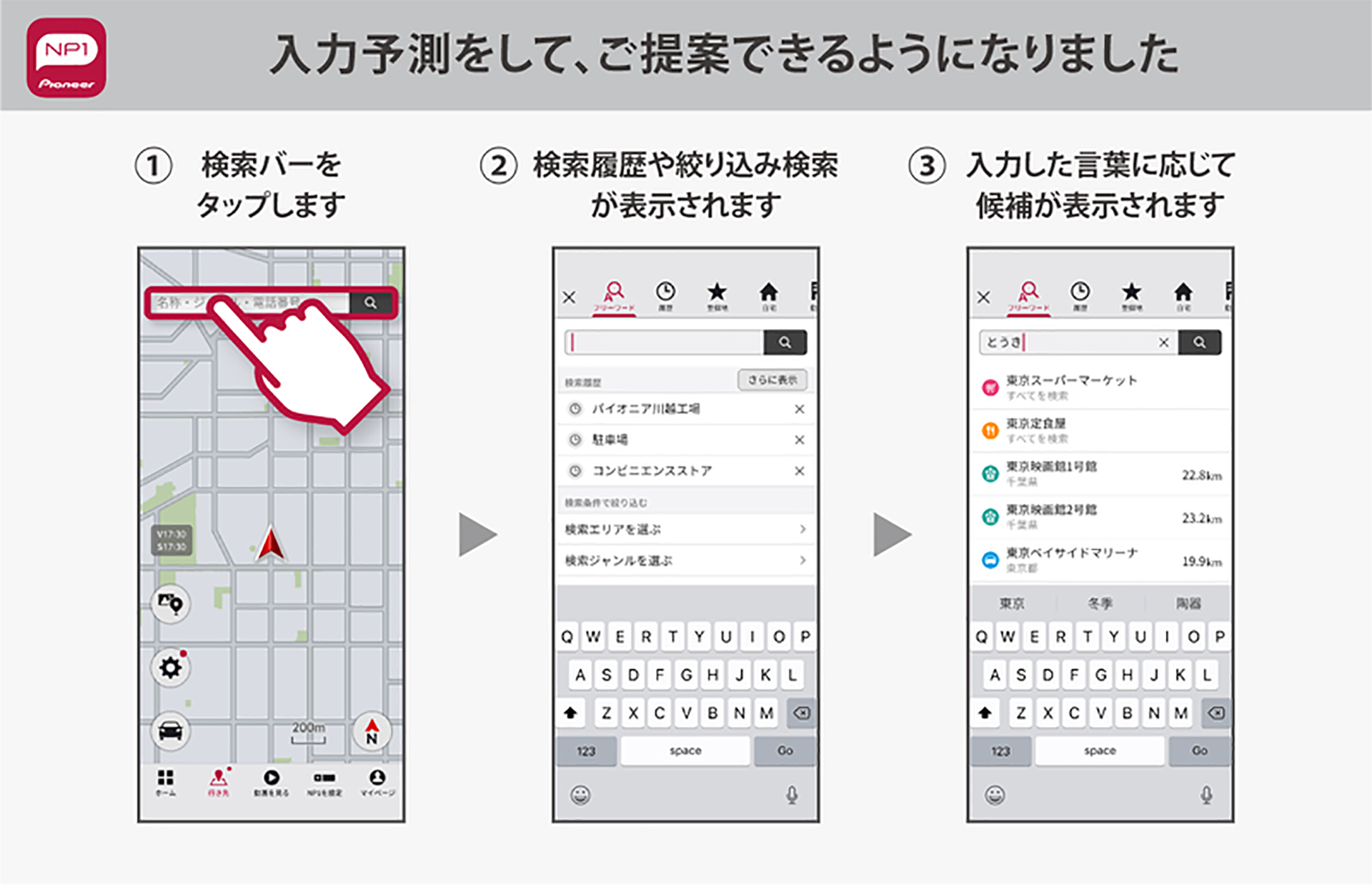 My NP1から目的地検索をする際に操作の簡素化を図る機能が追加された。アプリへの文字入力もスマホ側の音声入力を使えばこちらも「声」での操作ができるので、それとあわせるとアプリでの検索も以前より便利になっている